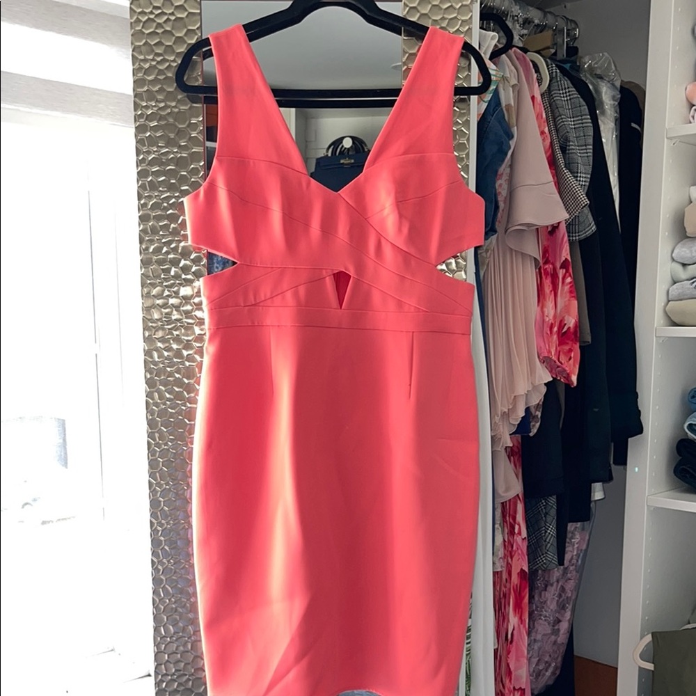 BCBGMaxAzria Orange Pink Bodycon Dress V-neck Sleeveless